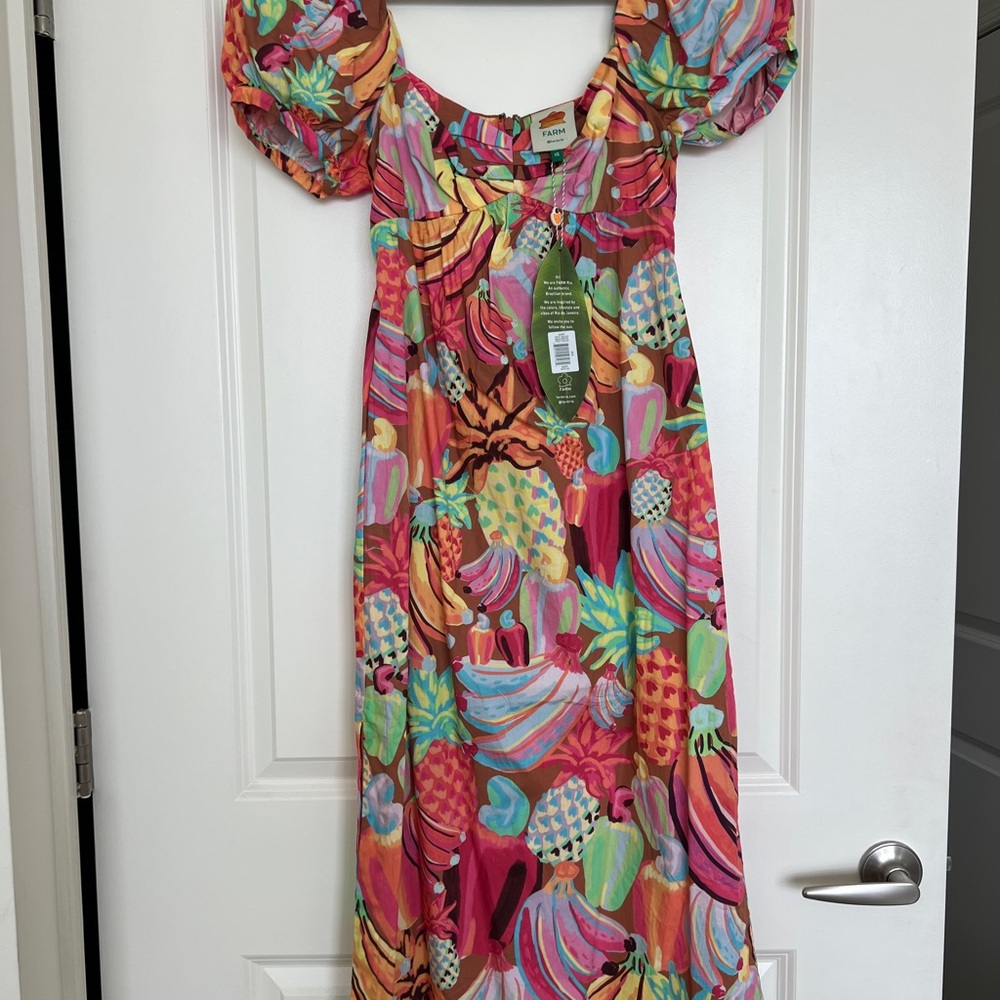 Farm Rio Fruit Salad Print Cotton Puff Sleeve Maxi Dress With Pockets NWT